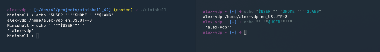 Comparison of Minishell and Bash output for a command containing single and double quotes.